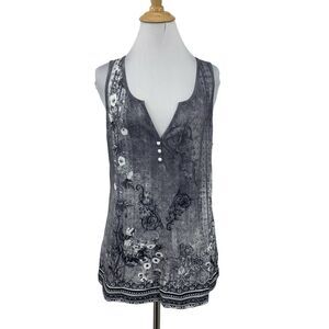 Noracora Jersey Tank Top Women L Large Gray Notch Neck Floral Geo Print Pullover